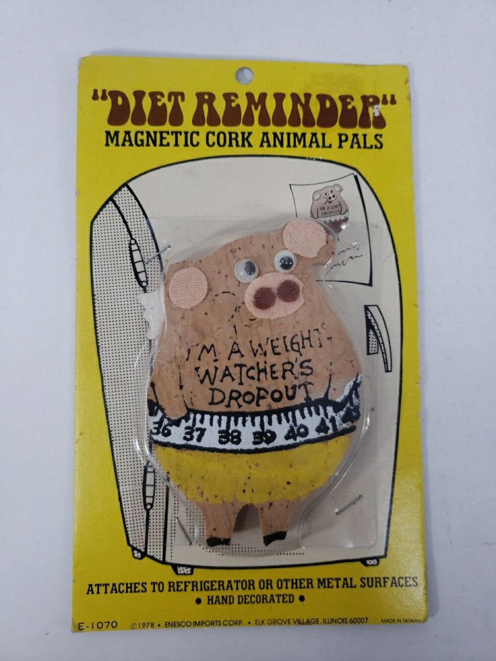 Vintage Humor Diet Reminder Magnetic Cork Animal Pig Enesco 1978 Sealed Package